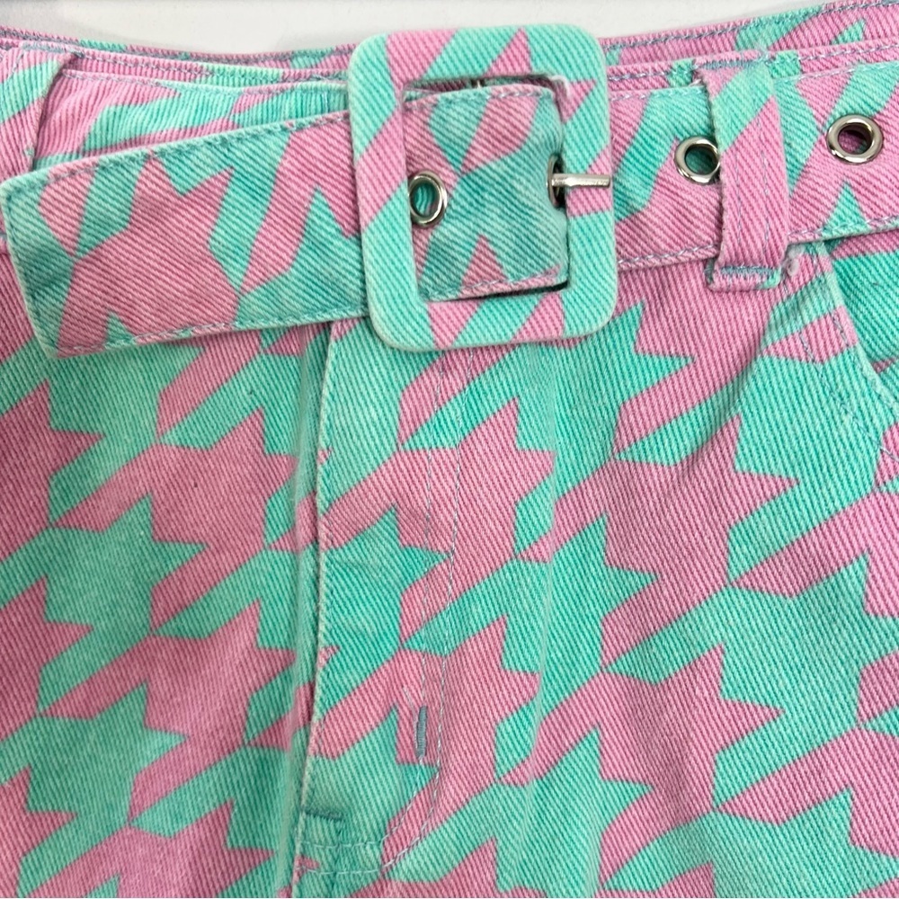 Signature 8 aqua pink houndstooth check belted denim mini skirt M - Picture 4 of 11